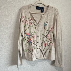 VTG Liz Claiborne Womens XL‎ Knit Embroidered Bird Butterfly Cardigan Sweater